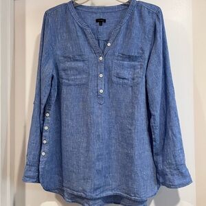 Talbots Blue 100% Linen Button Front Tunic Top Size M